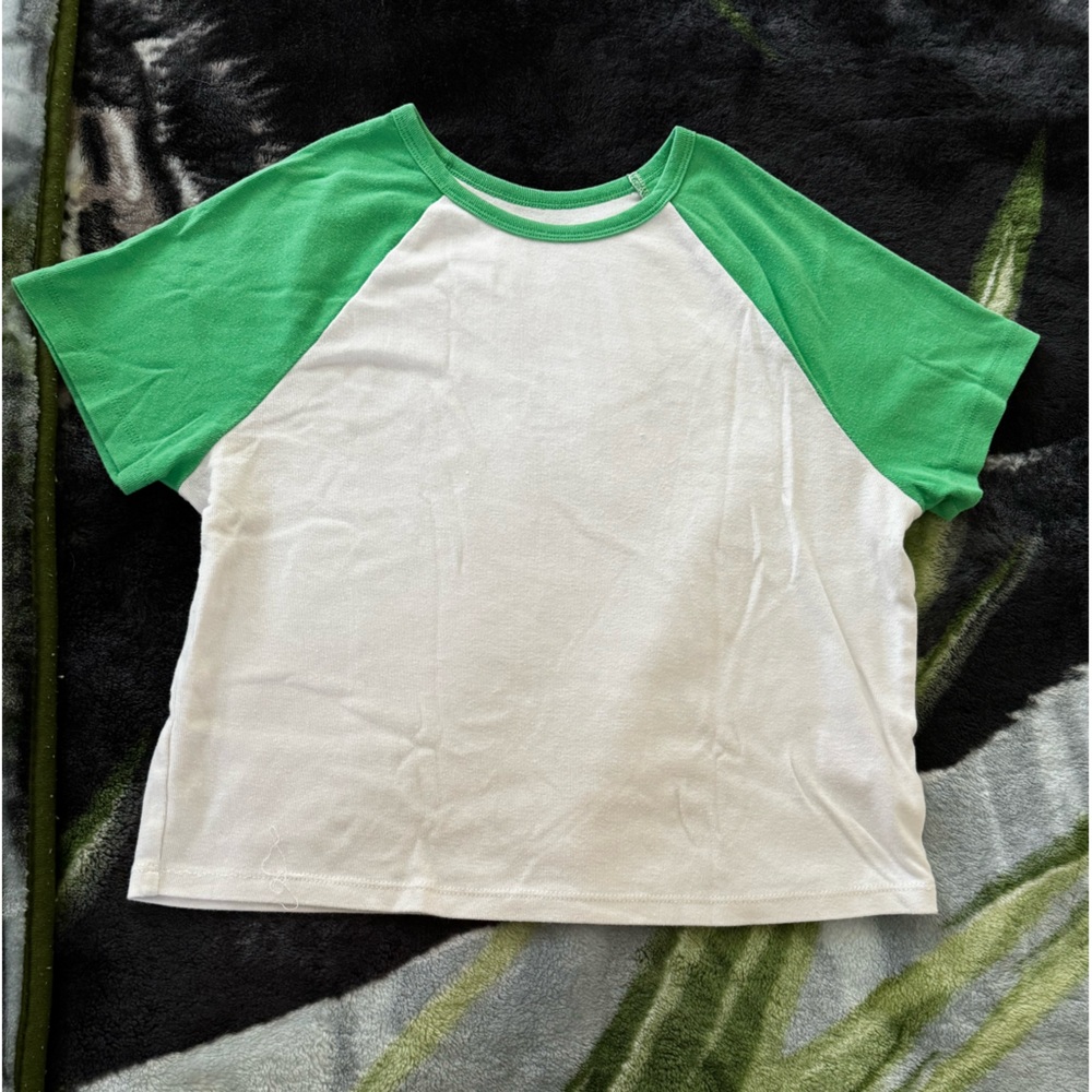 White Cropped Baseball Tee with Green Sleeves